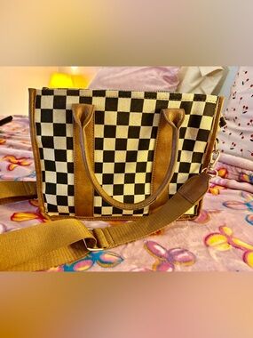 Amazon Black-and-White Check Canvas Tote with Brown Trim